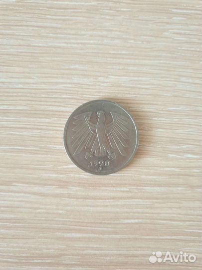 Монета 5 марок 1990 года