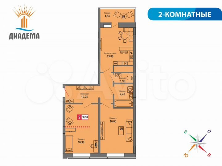 2-к. квартира, 68,4 м², 18/22 эт.