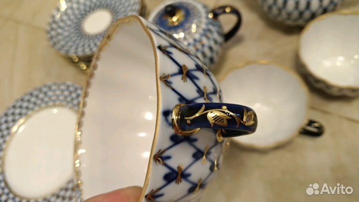 Сервиз чайный кобальтовая сетка ф. тюльпан золото