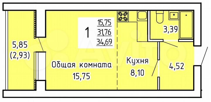 1-к. квартира, 34,7 м², 2/9 эт.