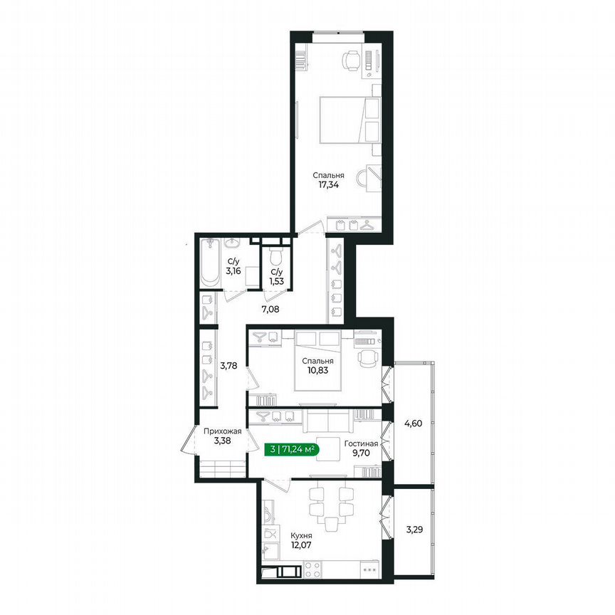 3-к. квартира, 71,2 м², 2/8 эт.