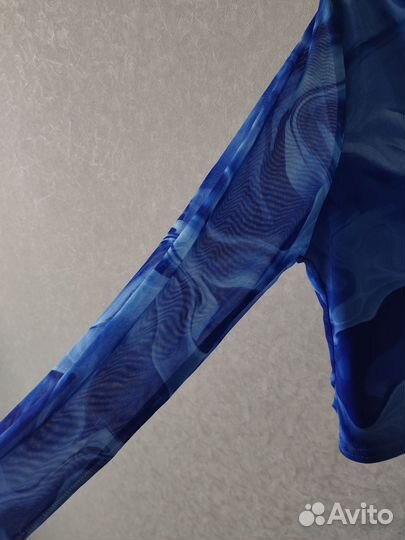 Кроп топ с длинным рукавом синий сетчатый