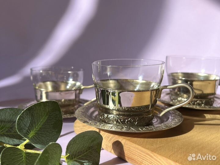 Чайная пара мельхиор СССР мнц тарелка подстаканник