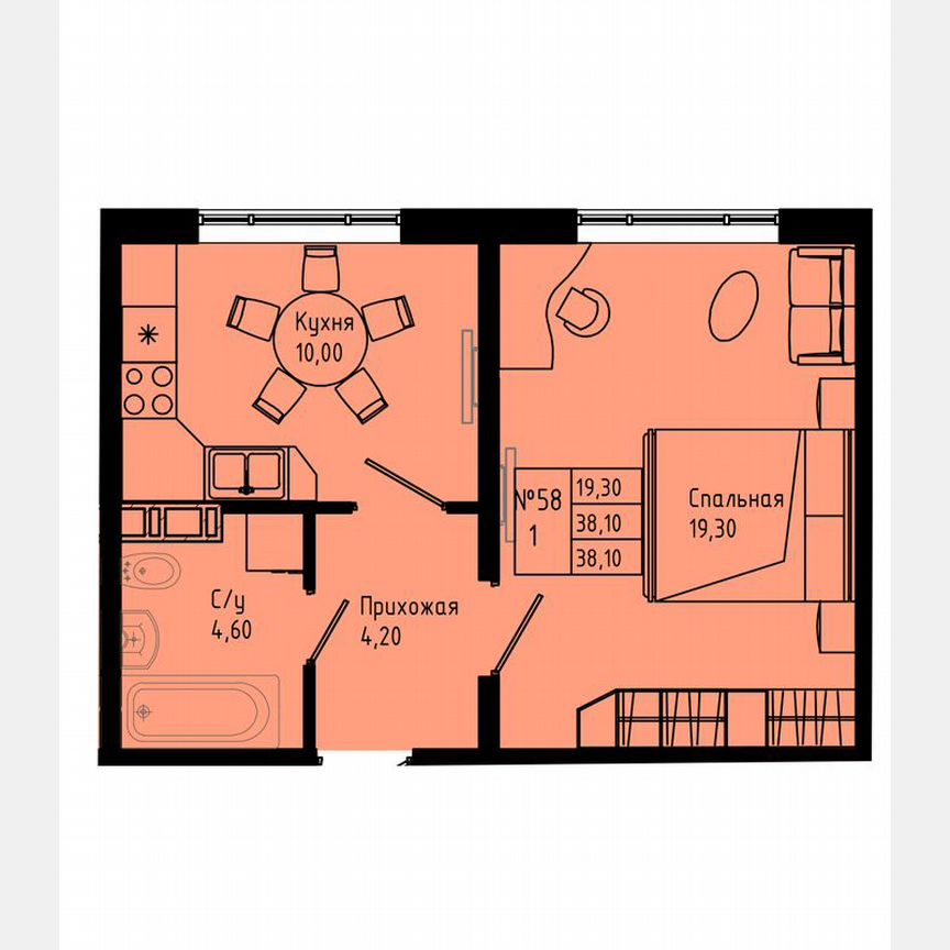 1-к. квартира, 38,1 м², 1/8 эт.