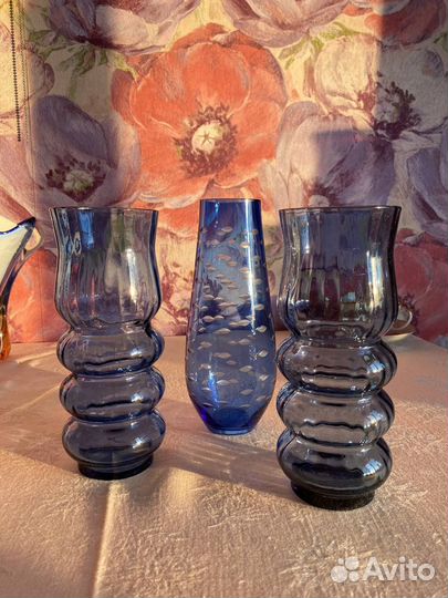 Ваза цветное синее стекло. Хрусталь. Кобальт