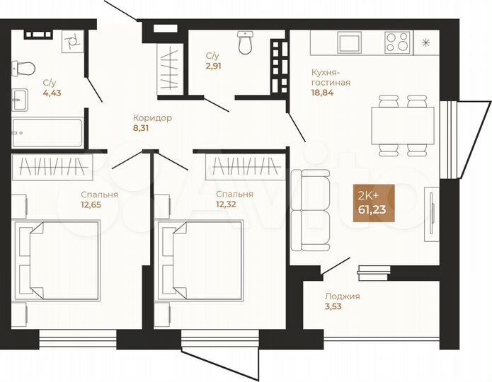 2-к. квартира, 61,2 м², 18/22 эт.