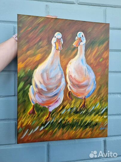 Картина маслом утки гуси птицы животные 35х45 см
