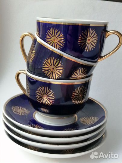 Чайная пара кобальт Довбыш СССР Хризантемы