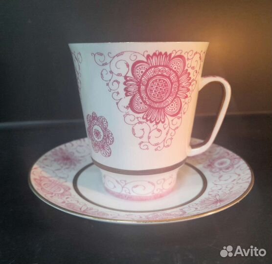 Кофейная пара лфз костяной фарфор, розовый узор