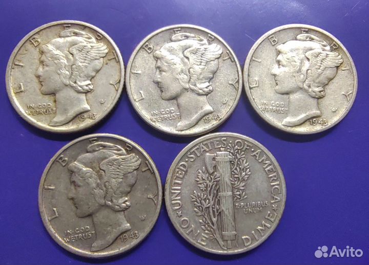 Монета 1943-D Серебряный дайм Меркурия
