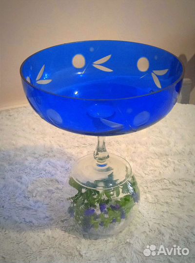 Ваза для фруктов синее стекло винтаж
