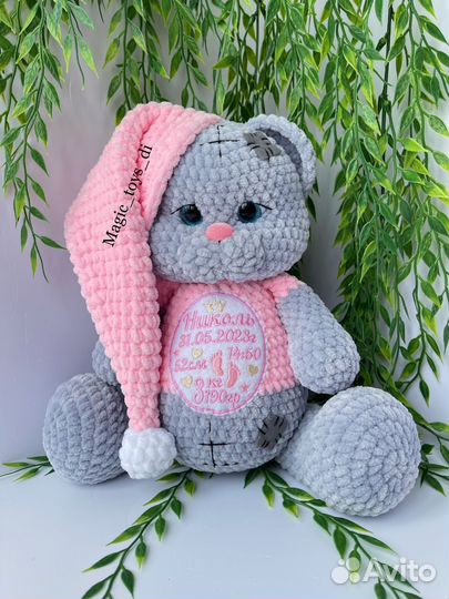 Вязаный именной Плюшевый мишка Тедди с метрикой