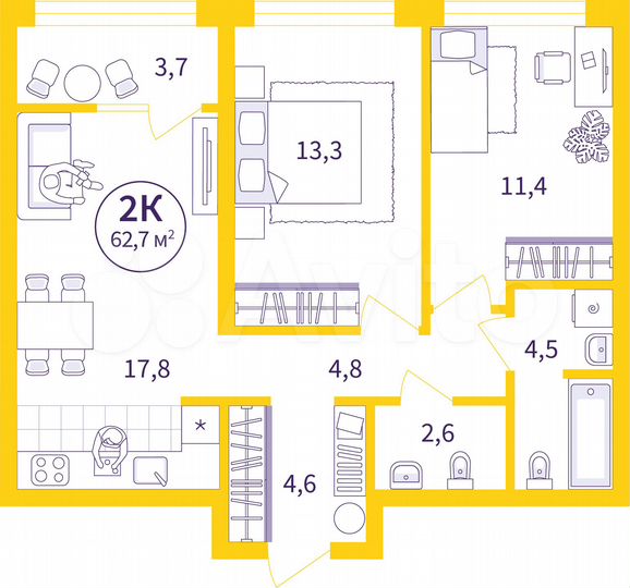 2-к. квартира, 60,8 м², 16/16 эт.