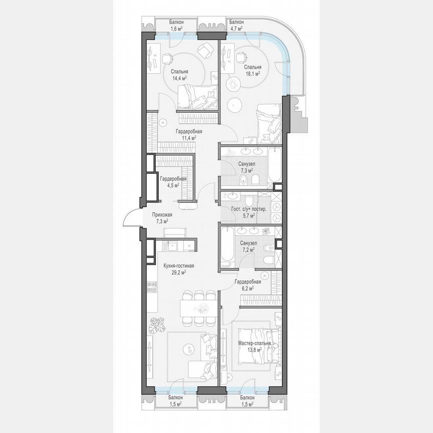 3-к. квартира, 127,1 м², 5/14 эт.