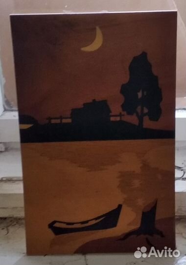 Панно Ночной пейзаж у реки СССР, дерево, 70-е годы