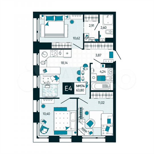 3-к. квартира, 63,8 м², 15/15 эт.