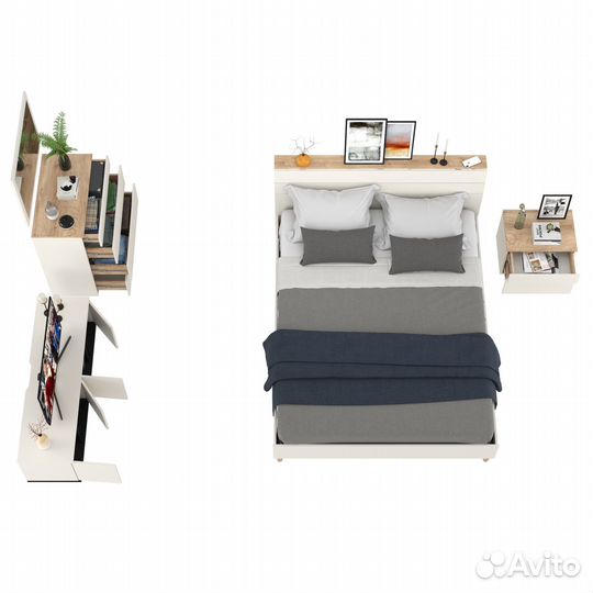 Спальный гарнитур белый Муссон с кроватью 1600 и тв-тумбой 13.276 белый/чёрный/дуб эндгрейн элегантн