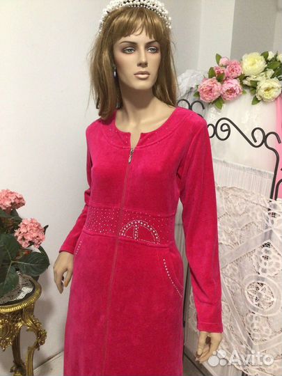 Розовый бархатный длинный халат Турция М