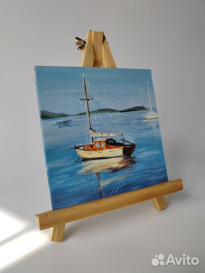 Картина морской пейзаж лодка на море 15х15 см