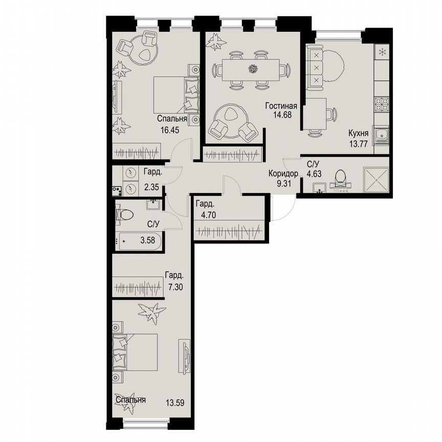 3-к. квартира, 90,4 м², 2/6 эт.