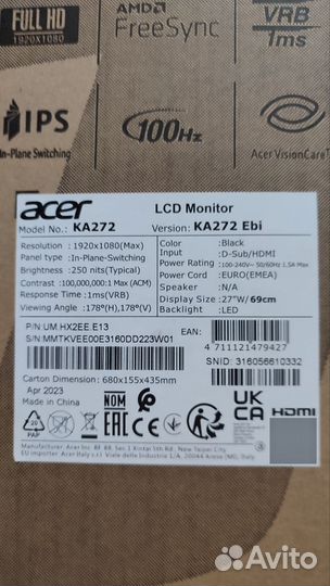 Монитор компьютерный aser ka272 Ebi