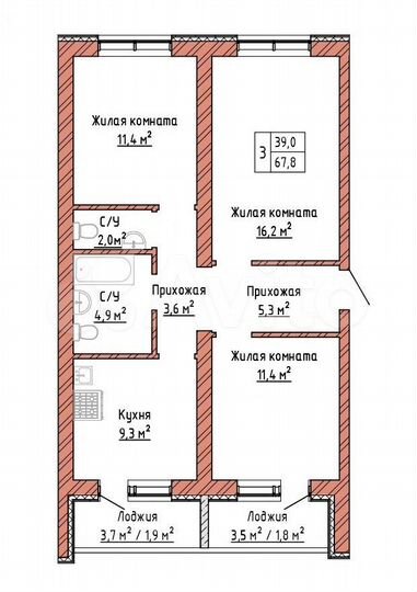 3-к. квартира, 67,8 м², 7/16 эт.