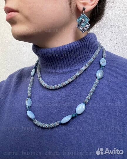 Синий комплект колье серьги ожерелье длинное