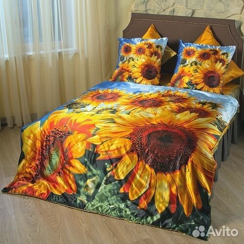 Новое постельное белье шелка Подсолнухи евро
