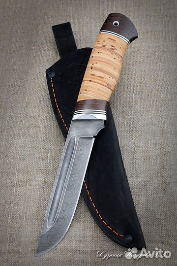 Охотничий нож ручной работы Боец дамаск береста