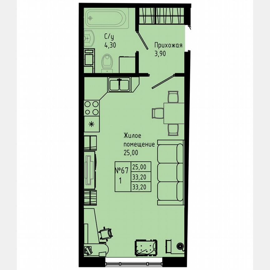 Квартира-студия, 33,2 м², 1/8 эт.