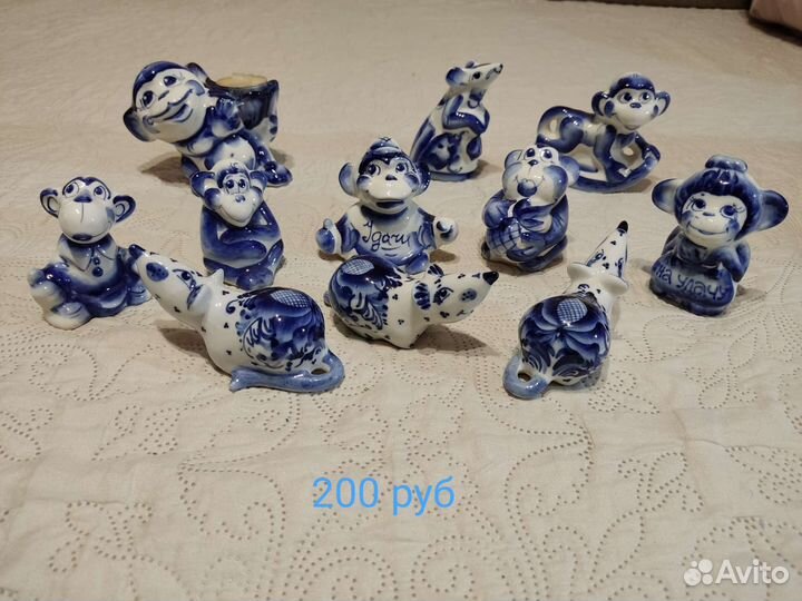 Фарфоровые статуэтки Гжель, цветные. Новые