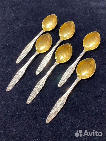 Серебряные десертные ложки 6 штук с позолотой