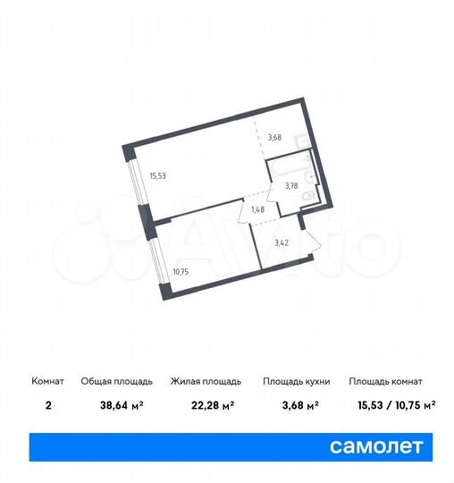 2-к. квартира, 38,6 м², 1/8 эт.