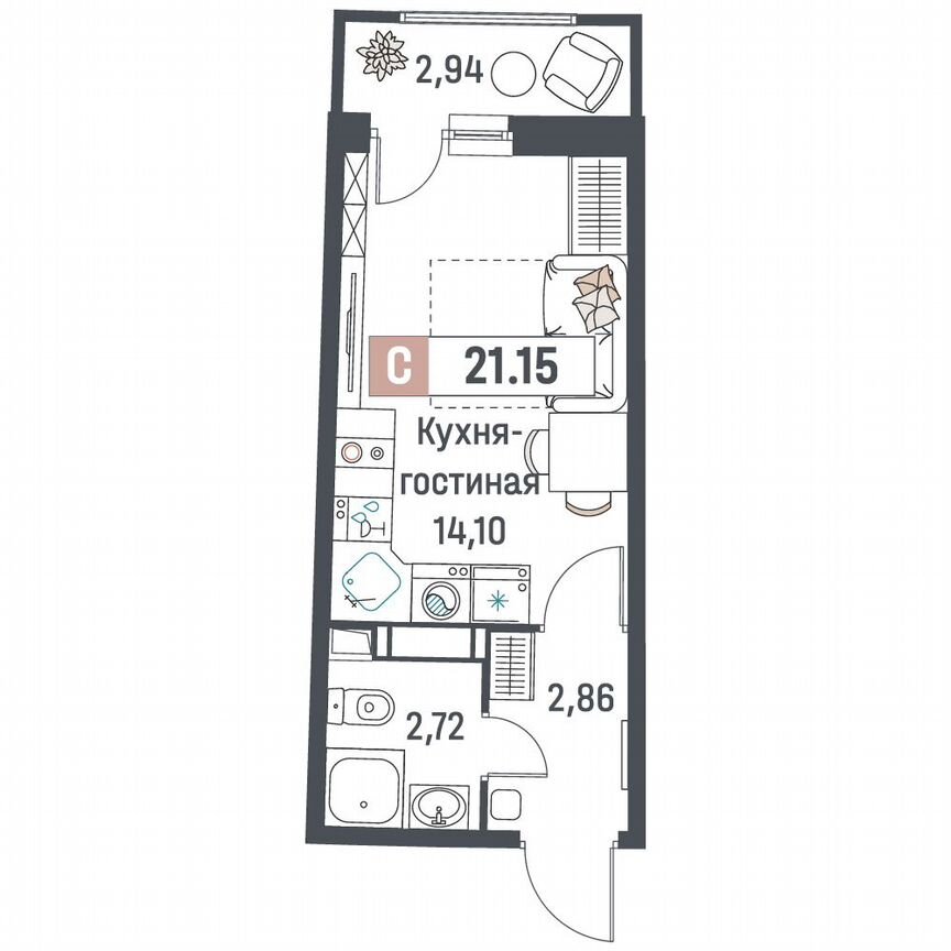 Квартира-студия, 21,2 м², 8/18 эт.