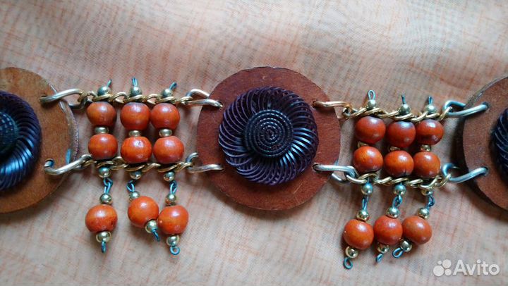 Винтажный пояс, ремень. Кожа, дерево, металл. 90е