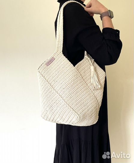 Cумка шопер бежевая, большая вязаная сумка