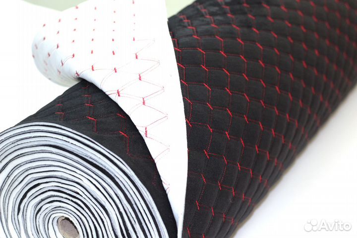 Ткань велюр черный на порол. + стежка ромб красный