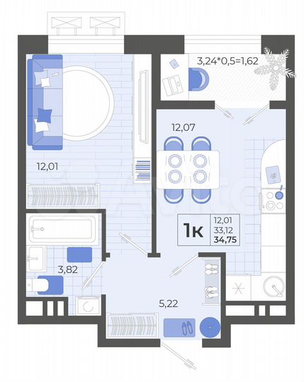 1-к. квартира, 34,8 м², 8/14 эт.