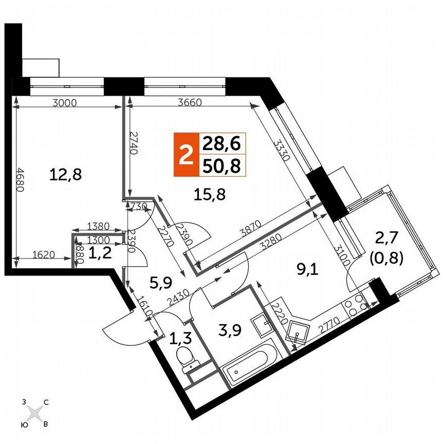 2-к. квартира, 50,8 м², 6/6 эт.