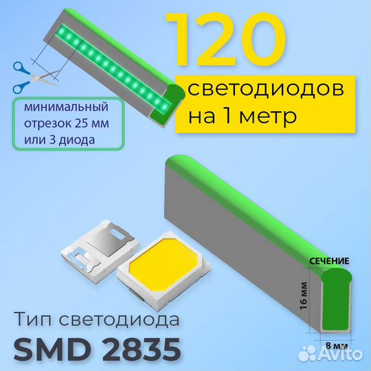 Светодиодная лента 120led/м,12 В,IP67,8x16,зеленый