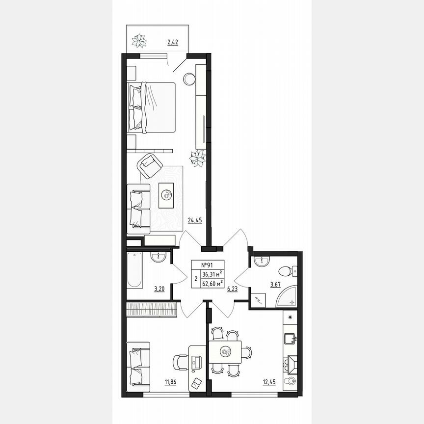 2-к. квартира, 62,6 м², 3/4 эт.