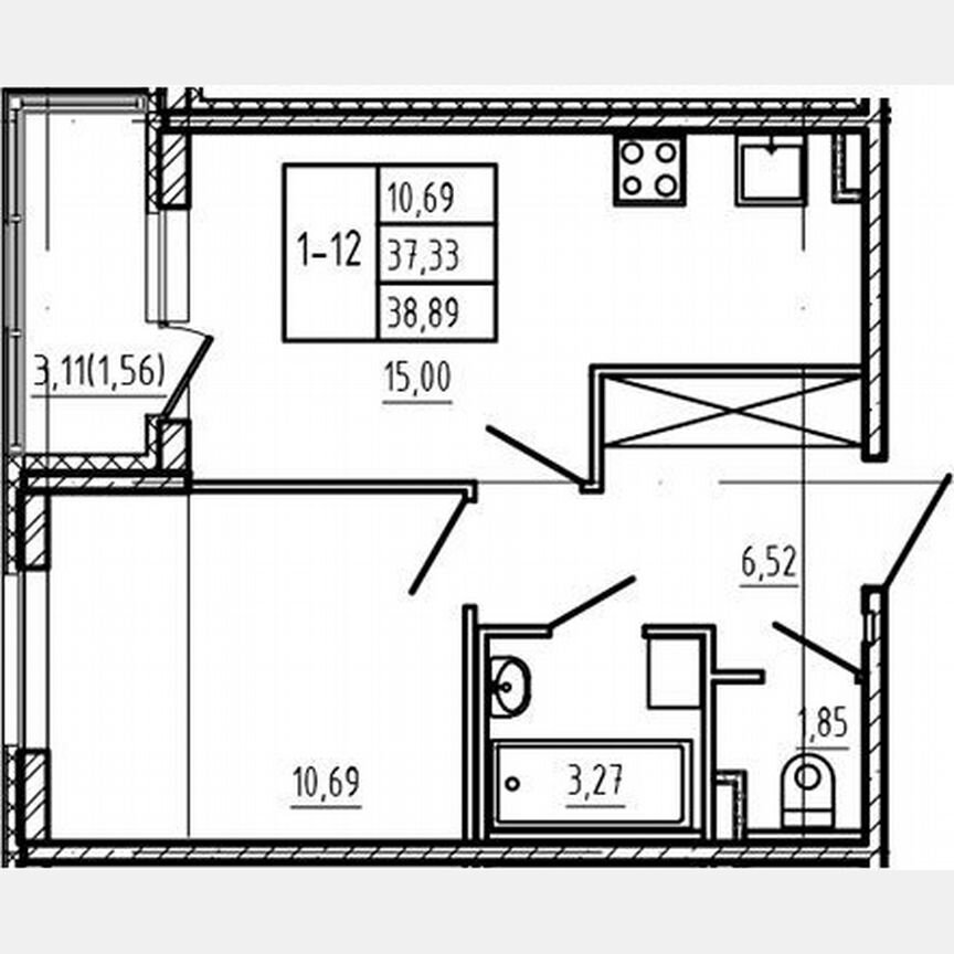1-к. квартира, 37,1 м², 1/4 эт.