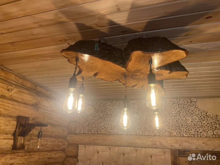 Люстра из дерева ручной работы. Слэба лофт