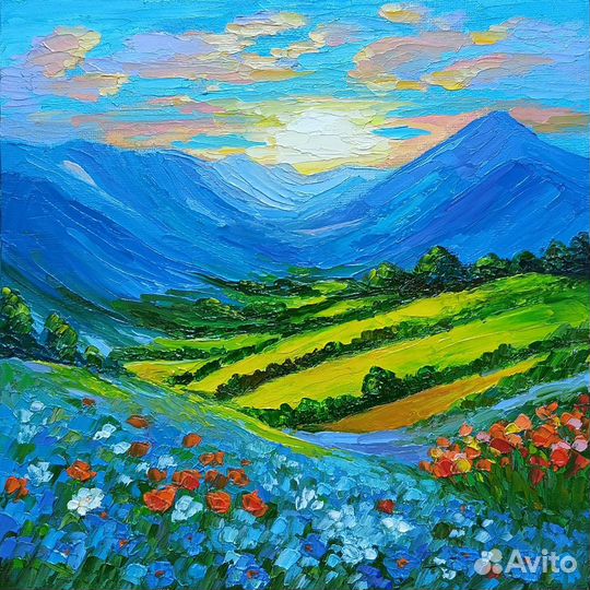 Картина маслом пейзаж, горы, цветы, холст 20х20см