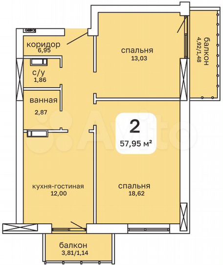 2-к. квартира, 58 м², 22/26 эт.