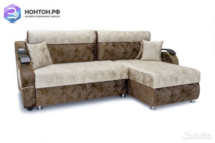 Диван угловой тик-так Дублин бежевый / коричневый