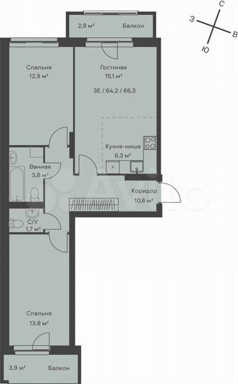3-к. квартира, 66,3 м², 6/9 эт.