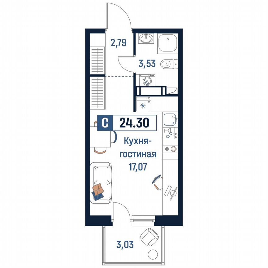 Квартира-студия, 24,3 м², 4/18 эт.