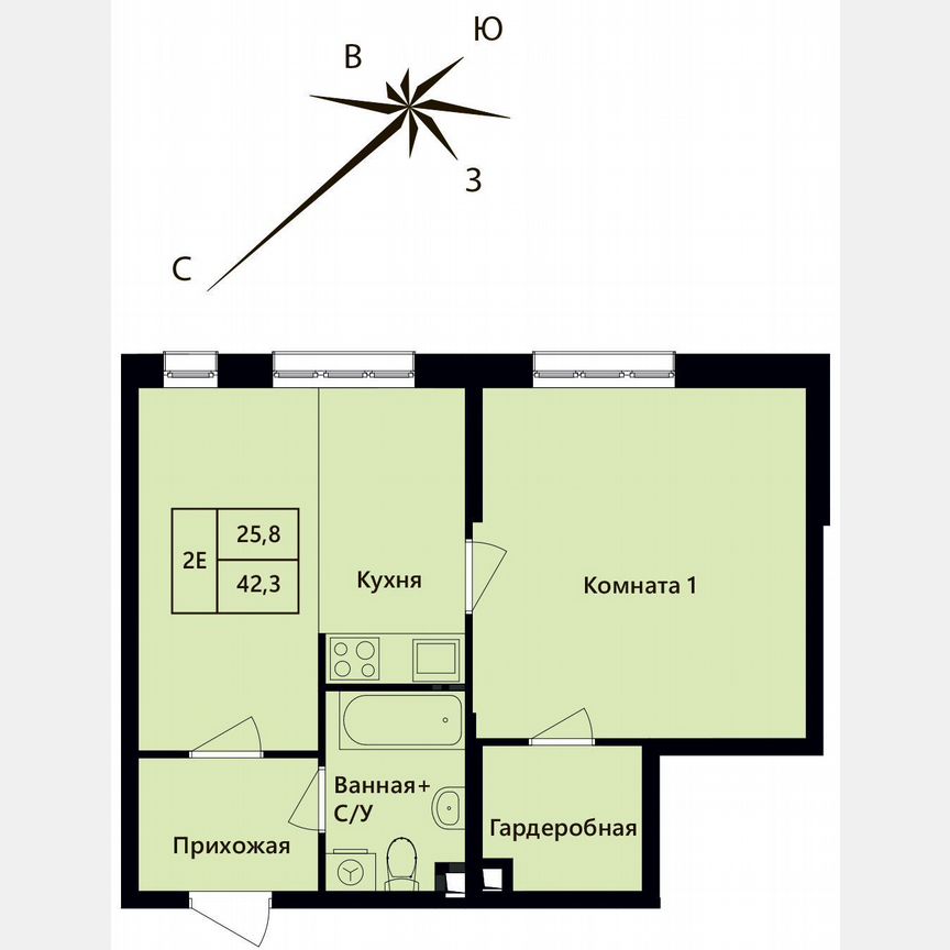 1-к. квартира, 42,3 м², 2/17 эт.