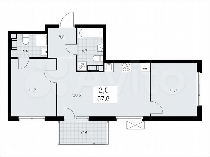 2-к. квартира, 57,8 м², 9/11 эт.